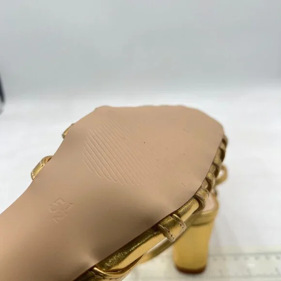 miss left Gold Caged Toe Chunky Mid Heel Cutout Sandals Strappy Ankle Strap Shoe - Picture 6 of 8